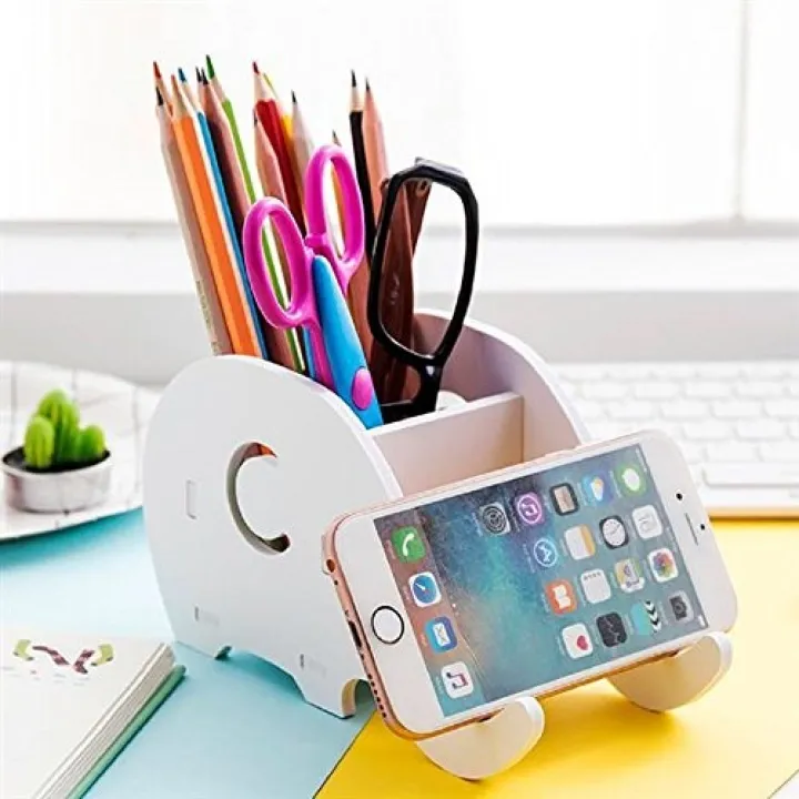 Elephant Wood Pencil Pen Holder Phone Stand Office Desk Bracket Storage Rack Stationery Organizer (White) - Pencil Bag